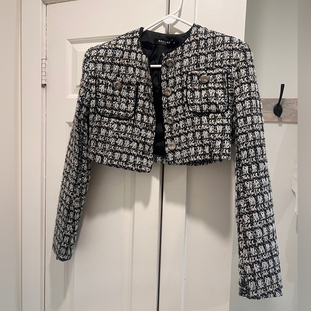 Beulah Black & White Cropped Tweed Blazer